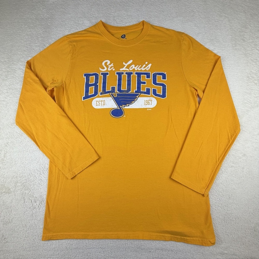 St.Louis Blues NHL‎ Yellow Long Sleeve Shirt Men's M Distressed Logo Hockey Tee